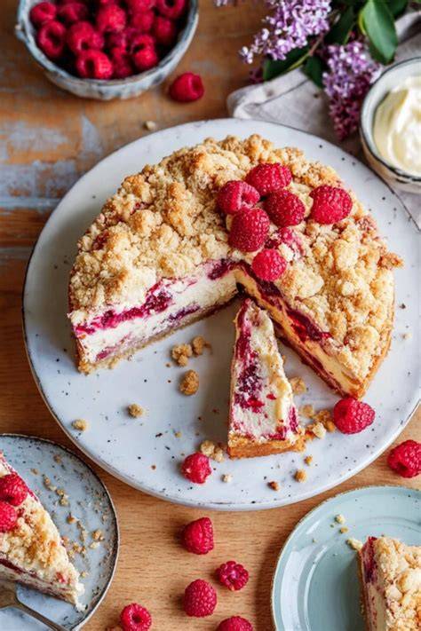 Fertiger Himbeer Quark Streusel Kuchen frisch aus dem Ofen