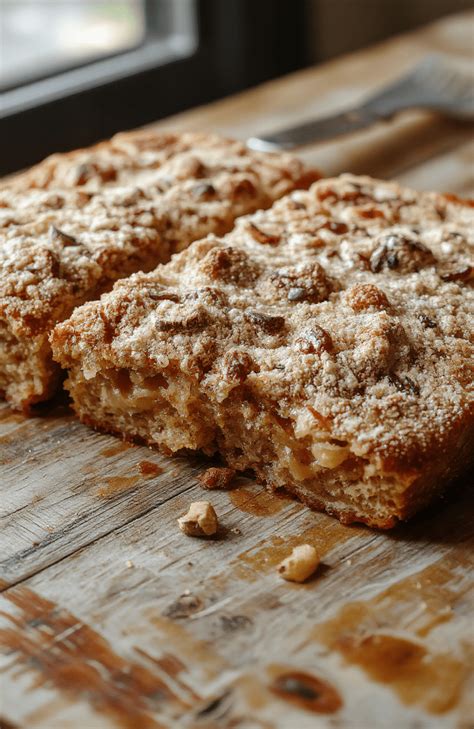 Fertiger Nuss-Baiser-Kuchen auf einer rustikalen Holzplatte, mit Puderzucker bestäubt und Nussdeko
