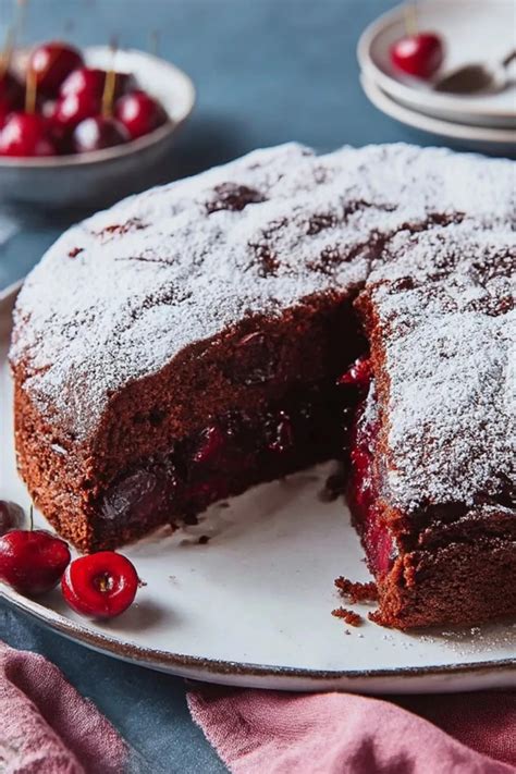 Fertiger veganer Schoko-Kirsch-Kuchen mit Puderzucker und Kirschen