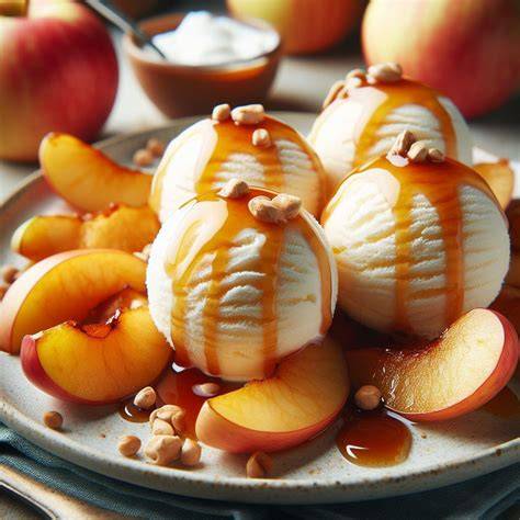 Fertiges Dessert mit karamellisierten Äpfeln, Pekannüssen und Vanilleeis