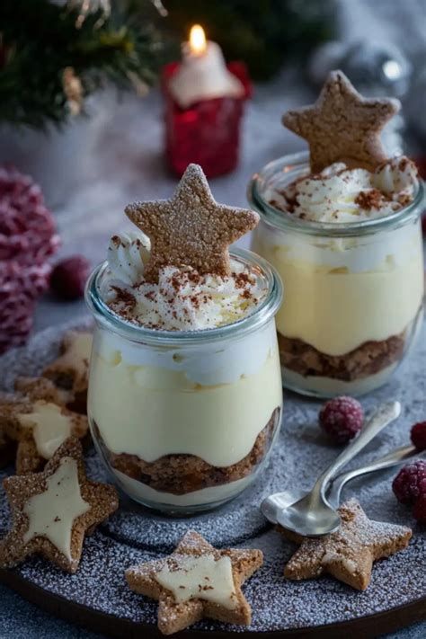 Festlich dekorierte Dessertgläser mit Zimtsternen