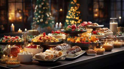 Festliches Dessertbuffet mit verschiedenen Orangenlikör-Desserts, weihnachtlich dekoriert