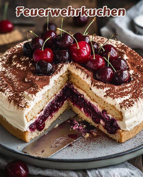 Feuerwehrkuchen Anschnitt: Kirschschicht, Streusel und Sahne
