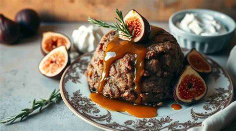 Figgy Pudding auf einer Servierplatte, flambiert