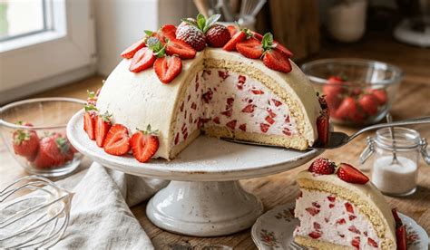 Finale Präsentation einer Erdbeer-Kuppeltorte auf einer Tortenplatte