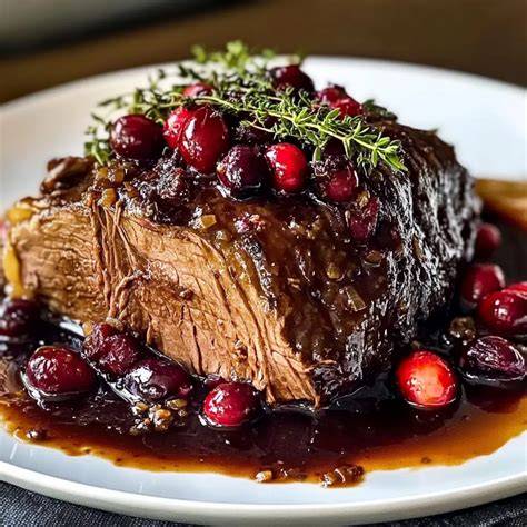 Finales Anrichten: Scheiben vom Rinderbraten mit glänzender Cranberry-Balsamico-Glasur