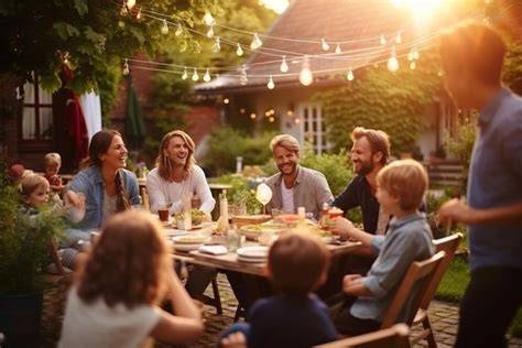 Flammkuchen, Weingläser und Freunde beim sommerlichen Essen im Garten