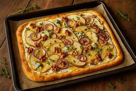 Flammkuchen mit Birne und Gorgonzola auf Holzbrett