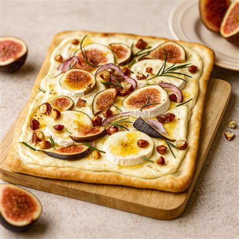 Flammkuchen mit Ziegenkäse und Feigen auf Holzbrett, angeschnittener Flammkuchen