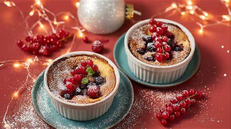 Flan auf einem Dessertteller mit Beeren