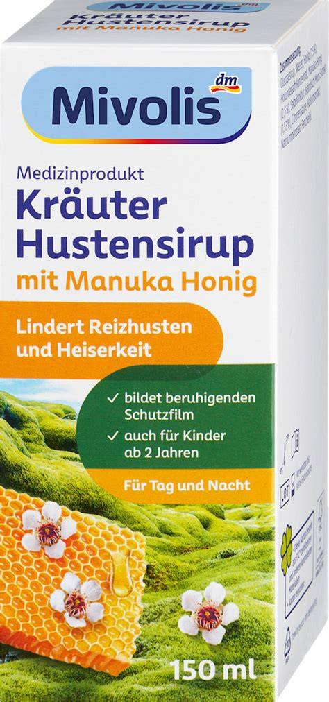 Flasche Hustensirup mit Manuka-Honig auf Holztisch