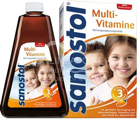 Flasche Sanostol Multivitamin Saft ohne Zucker mit Messlöffel