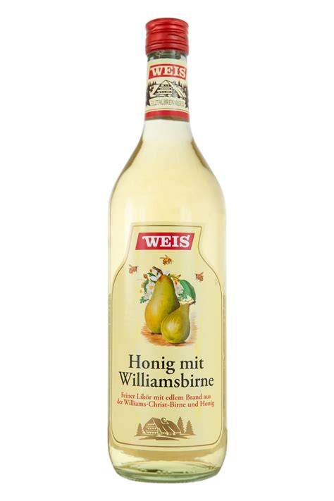 Flasche Weis Honig mit Williams Birne, blasses Strohgelb