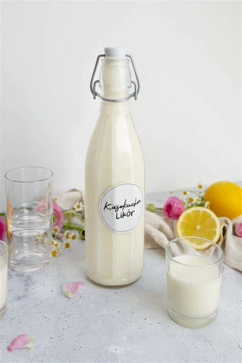 Flasche mit Käsekuchen-Likör und Zitronenschale