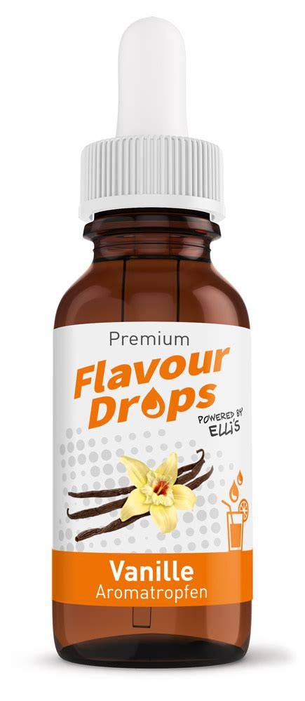 Flasche mit Vanille Flavor Drops neben Vanilleschoten