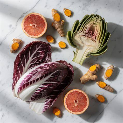 Foto: Bittere Lebensmittel auf dem Teller (Chicorée, Radicchio, Grapefruit, Artischocke)