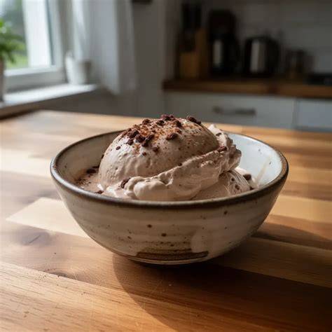 Foto: Cremiges Bananen-Kakao-Eis in Schale mit Schokoraspeln