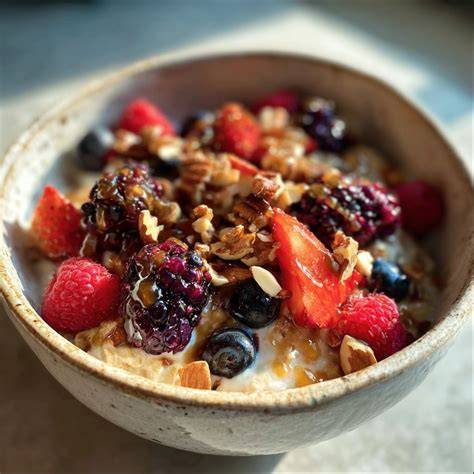 Foto: Frühstücksbowl mit Haferflocken, Beeren, Nüssen und Zitronenwasser