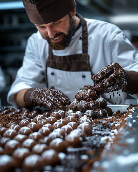 Foto: Konditor arbeitet an Pralinen in der Manufaktur