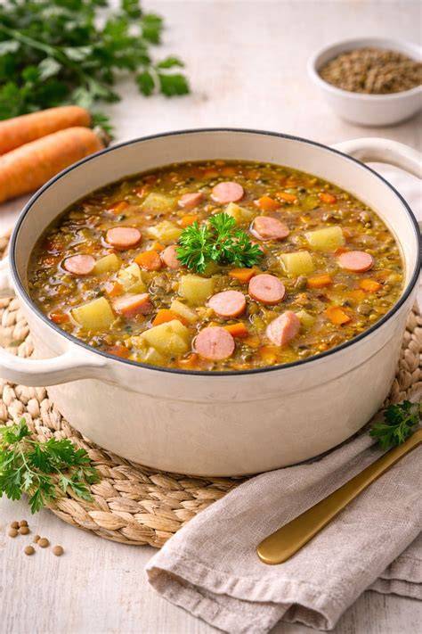 Foto: Linsensuppe mit Petersilie und Würstchen