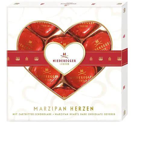 Foto: Niederegger Marzipan Herzen Verpackung und Portionsgröße 62,5 g