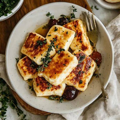 Foto: goldbraun gebratene Halloumi-Streifen mit Honigglasur und Thymian