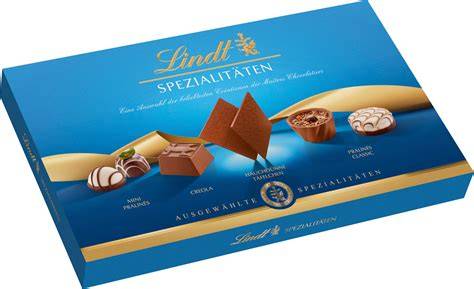 Foto der Lindt Spezialitäten Mischung Packung mit sichtbarer Sortenübersicht