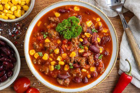 Foto von Chili con Carne mit Kakao und frischen Paprikawürfeln