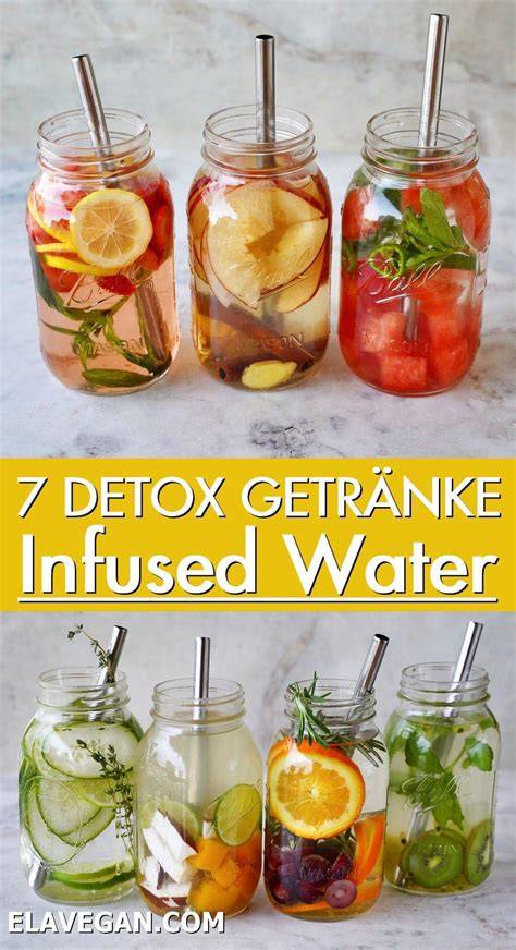 Foto-Collage: 7 Krüge Infused Water mit Zutatenbeschriftung