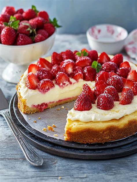 Frühlingshafte Dekoration: Käsekuchen mit Creme Fraiche, verziert mit Beeren und Zitronenmelisse