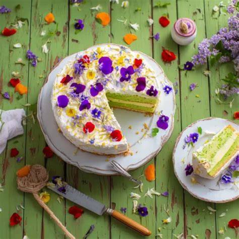 Frühlingshafte Torte mit grünen Zuckerstreuseln und essbaren Blüten