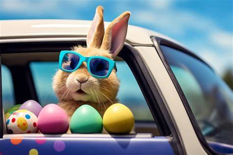 Frühlingslandschaft mit Osterhase und Ostereiern