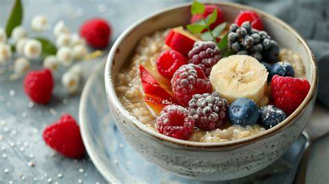 Frühstück mit Porridge und frischen Früchten