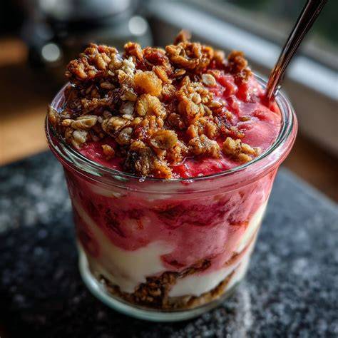 Frühstücksglas mit Marmelade auf Joghurt