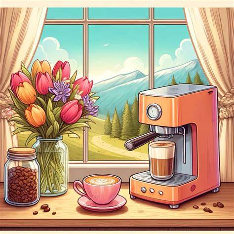 Frühstücksszene mit Croissant-Toaster und Kaffee
