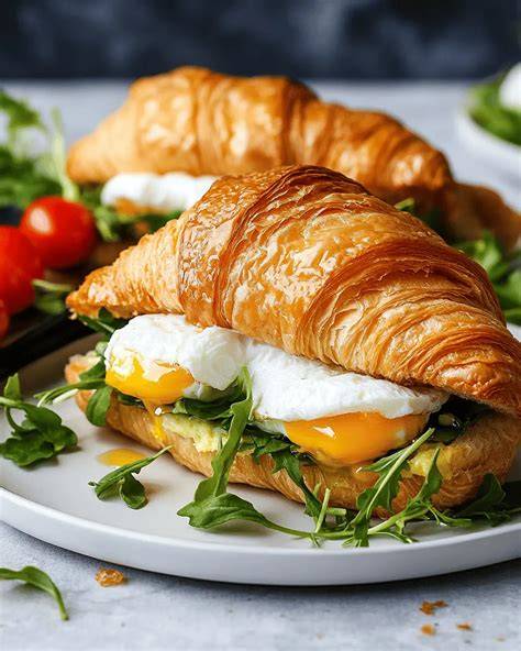 Frühstückstisch mit Croissant, Eiern und Beeren als ideale Kombination