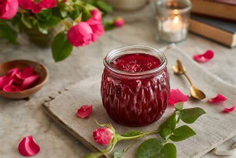 Frühstückstisch mit Rosenmarmelade, frischen Rosen und Brot