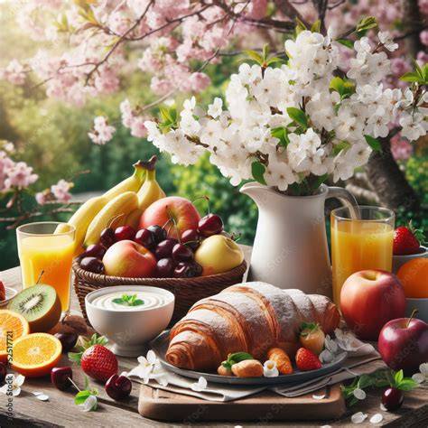 Frühstückstisch mit Schokoladenaufstrich, frischem Brot und Obst