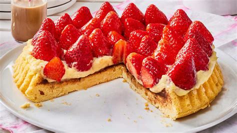 Frisch belegte Erdbeeren auf Vanillecreme, Pinsel trägt Tortenguss auf