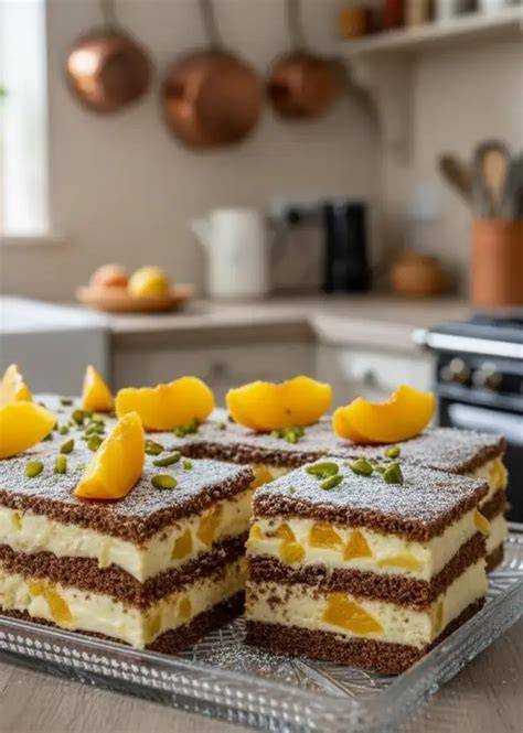 Frisch gebackene Biskuit Pfirsich Schnitten auf einer Tortenplatte