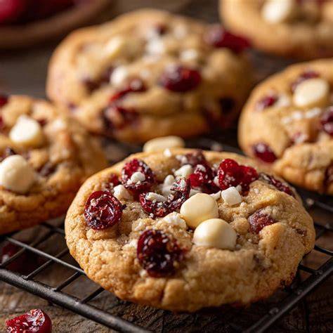Frisch gebackene Cranberry-weiße Schokolade Cookies auf einem Kuchengitter