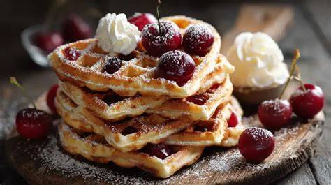 Frisch gebackene Waffeln mit Kirsch-Schokoladen-Konfitüre und Sahne