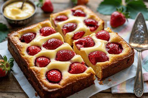 Frisch gebackener Erdbeerkuchen mit Schokoladenschicht und Vanillepudding