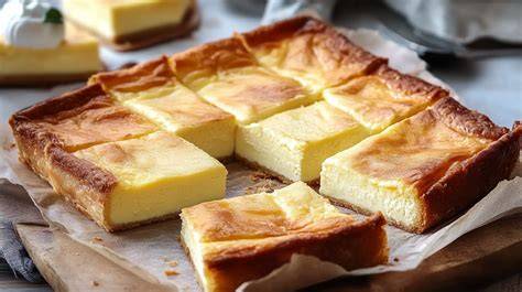 Frisch gebackener Käsekuchen, ausgekühlt und angeschnitten auf Holzbrett