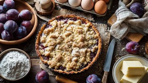 Frisch gebackener Käsekuchen mit Nektarinen auf rustikalem Holztisch