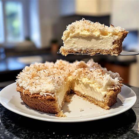 Frisch gebackener Kokoskuchen mit cremigem Pudding in einer Springform