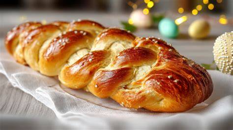 Frisch gebackener Osterzopf mit Marmelade auf einem rustikalen Tisch, umgeben von Osterdeko