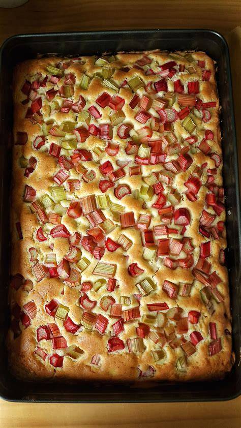 Frisch gebackener Rhabarberkuchen auf einem Kuchengitter