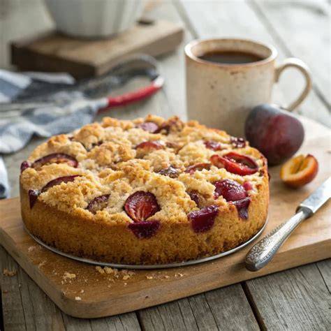 Frisch gebackener Streuselkuchen serviert auf Kaffeetafel