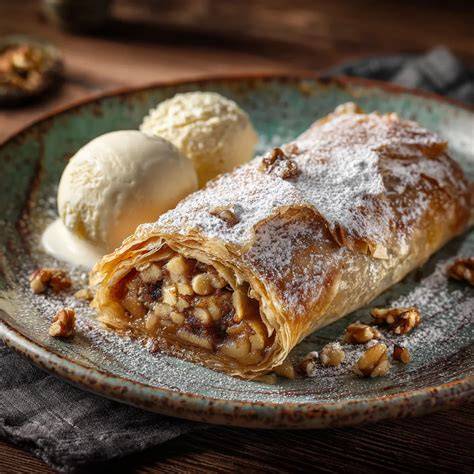 Frisch gebackener Wiener Apfelstrudel, bestäubt mit Puderzucker, serviert mit Schlagsahne